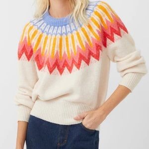 French Connection Cream Sweater with Colorful Zigzag Design